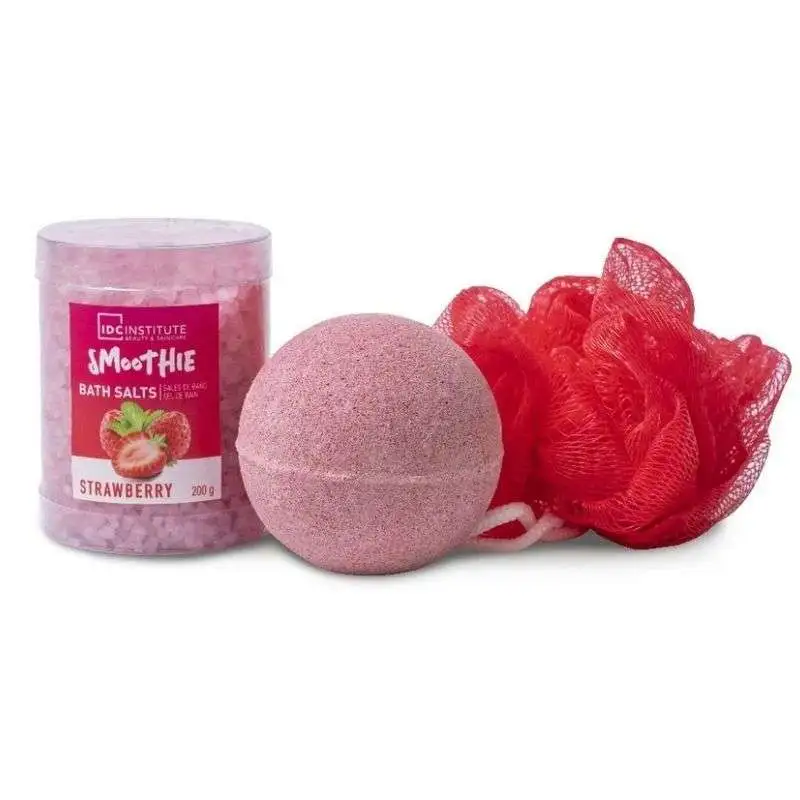 IDC Institute Smoothie Bath Set Strawberry Άλατα 200gr Μπάλα Μπάνιου 140gr Σφουγγαράκι 1