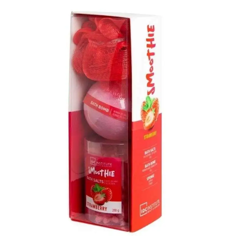 IDC Institute Smoothie Bath Set Strawberry Άλατα 200gr Μπάλα Μπάνιου 140gr Σφουγγαράκι